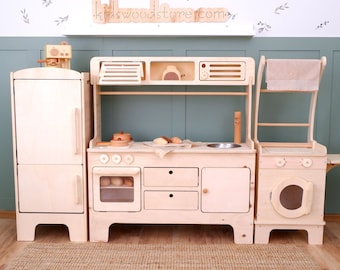 Handcarfted Wooden Play Kitchen with Hood, Microwave and Drawers | Customizable | for Play Area Pretend Play Toys