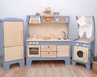 Handcrafted Wooden Play Kitchen with Hood, Microwave, and Drawers