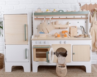 Handcrafed Wooden Play Kitchen | White and Green | Customizable | Play Area Pretend Play Toys