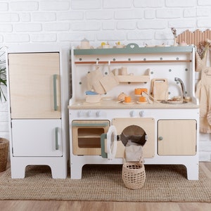Handcrafted Wooden Play Kitchen: White & Green, Customizable