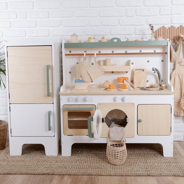 Handcrafed Wooden Play Kitchen | White and Green | Customizable | Play Area Pretend Play Toys