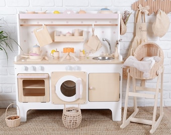 Handcrafed Wooden Play Kitchen | White and Pink | Customizable | Play Area Pretend Play Toys
