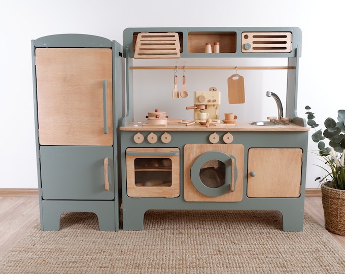Handcrafted Wooden Play Kitchen with Hood & Microwave: Montessori Toys