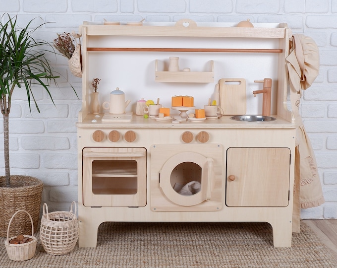 Handcrafed Wooden Play Kitchen | Natural | Customizable | Play Area Pretend Play Toys