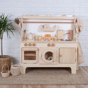 Handcrafed Wooden Play Kitchen | Natural | Customizable | Play Area Pretend Play Toys