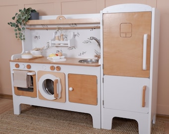 Handcrafed Wooden Play Kitchen | White and Natural | Customizable | Play Area Pretend Play Toys