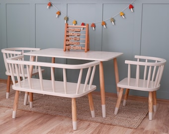 Customizable Montessori Kids Table with Windsor Chair & Bench