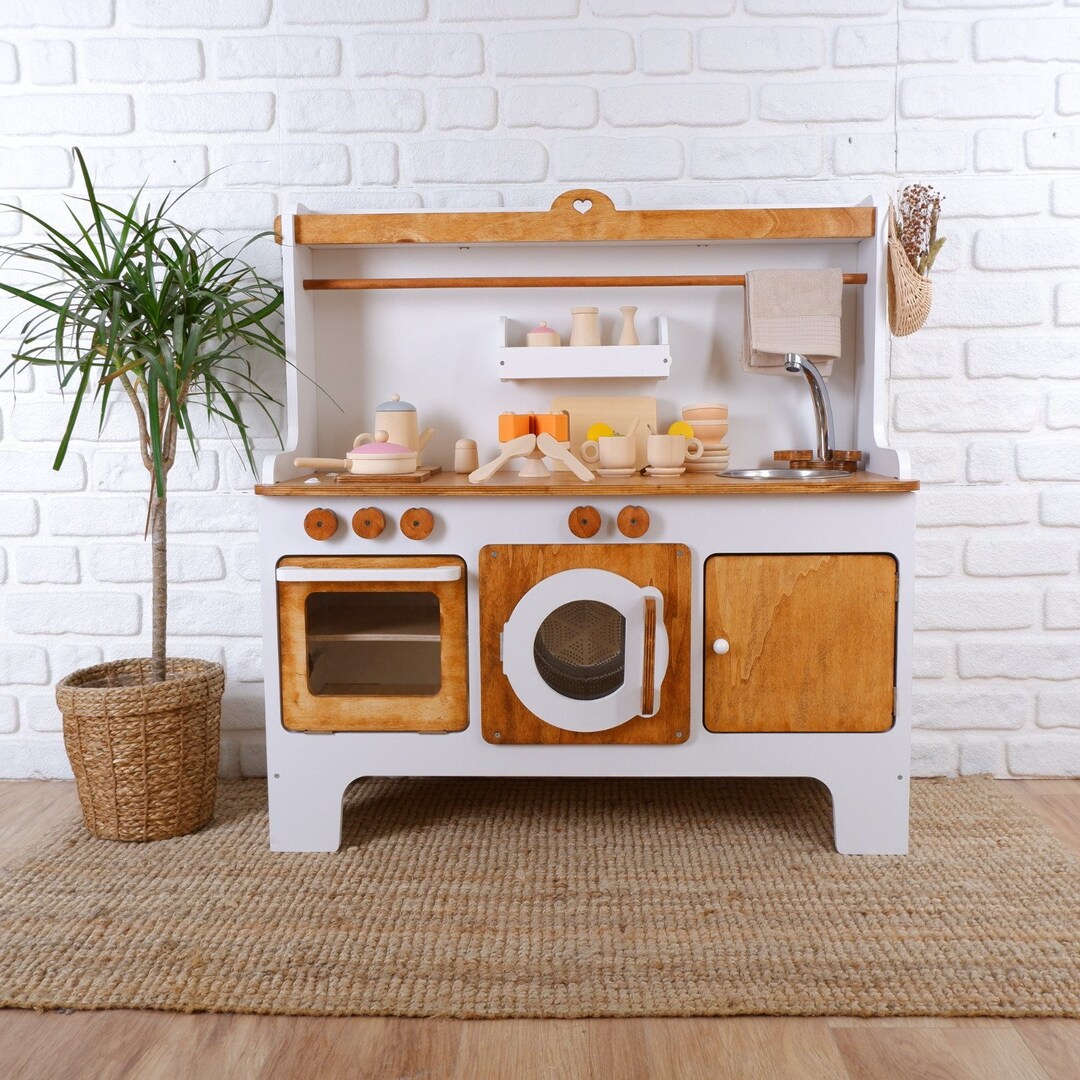 Handcrafed Wooden Play Kitchen | White and Natural | Customizable | Play Area Pretend Play Toys ...