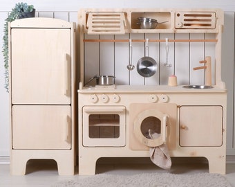 Handcrafted Wooden Play Kitchen with Hood & Microwave: Customizable Pretend Play Toy
