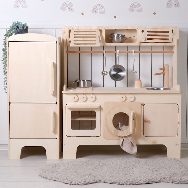 Handcrafted Wooden Play Kitchen with Hood & Microwave: Customizable Pretend Play Toy