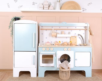 Handcrafed Wooden Play Kitchen | White and Mint | Customizable | Play Area Pretend Play Toys