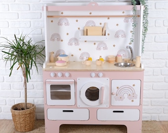 The biggest play kitchen for 10 year olds | Handmade Customizable Wooden Play Kitchen for 10 Year Old Kids | White and Pink