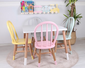 Customizable Montessori Kids Table with Windsor Chairs: Handmade Hornbeam Wood