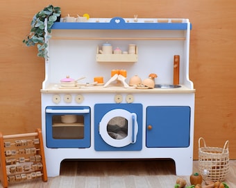 Handcrafed Wooden Play Kitchen | White and Blue | Customizable | Play Area Pretend Play Toys