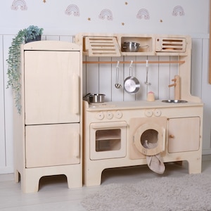 Handcrafed Wooden Play Kitchen With Hood and Microwave Customizable Play Area Pretend Play Toys image 6