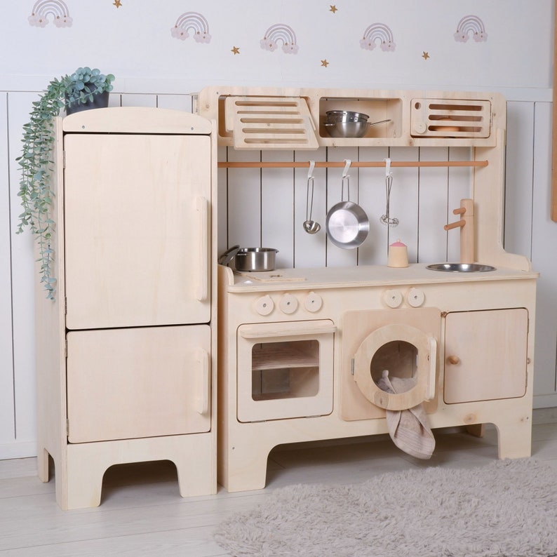 Handcrafed Wooden Play Kitchen With Hood and Microwave Customizable Play Area Pretend Play Toys image 6