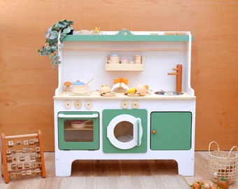 Handcrafed Wooden Play Kitchen | Green and White | Customizable | Play Area Pretend Play Toys