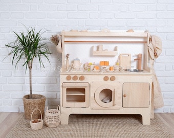 Handcrafted Wooden Play Kitchen: Natural Montessori Pretend Play | Kids Wood Store Brand