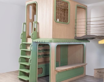 Indoor Wooden Playhouse Set | Modular Play Town with Slide & Rope Bridge
