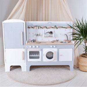 Handcrafed Wooden Play Kitchen | White and Gray | Customizable | Play Area Pretend Play Toys