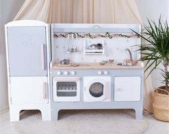 Handcrafed Wooden Play Kitchen | White and Gray | Customizable | Play Area Pretend Play Toys