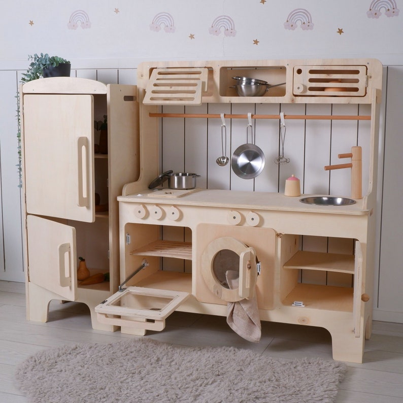 Handcrafed Wooden Play Kitchen With Hood and Microwave Customizable Play Area Pretend Play Toys image 9