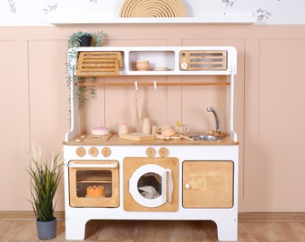 Handcrafed Wooden Play Kitchen With Hood and Microwave | Customizable | Play Area Pretend Play Toys