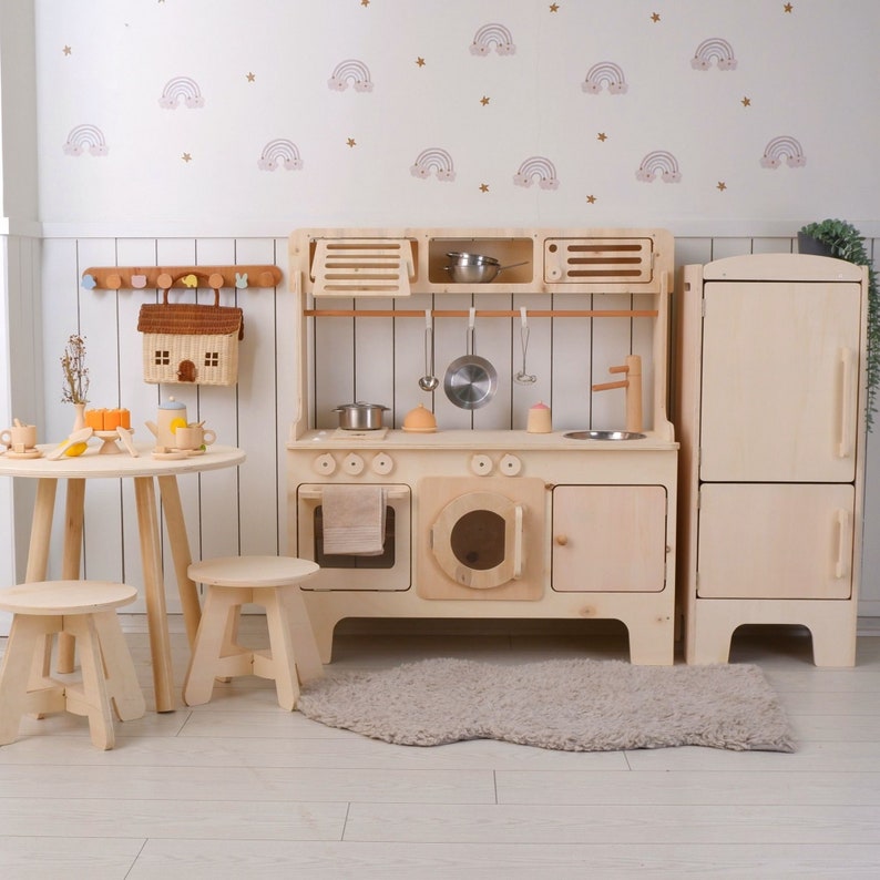 Handcrafed Wooden Play Kitchen With Hood and Microwave Customizable Play Area Pretend Play Toys image 2