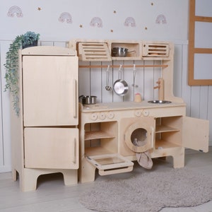 Handcrafed Wooden Play Kitchen With Hood and Microwave Customizable Play Area Pretend Play Toys image 7