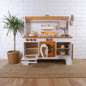 Handcrafed Wooden Play Kitchen White and Natural Customizable Play Area Pretend Play Toys image 2