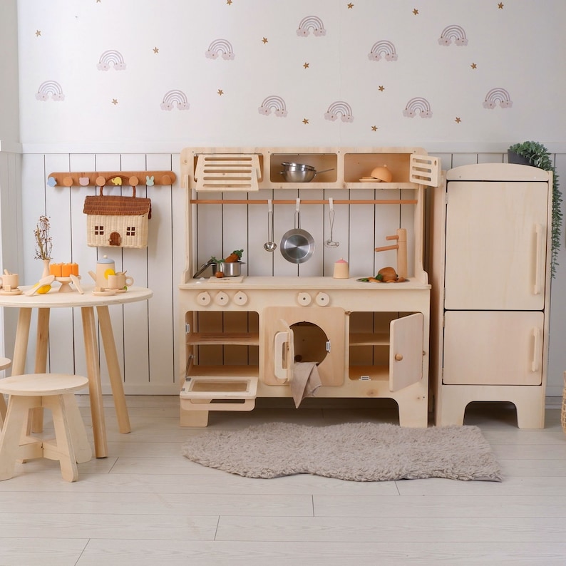 Handcrafed Wooden Play Kitchen With Hood and Microwave Customizable Play Area Pretend Play Toys image 8