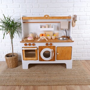 Handcrafed Wooden Play Kitchen White and Natural Customizable Play Area Pretend Play Toys image 4