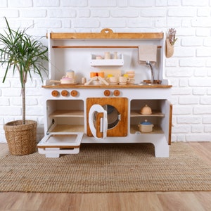 Handcrafed Wooden Play Kitchen White and Natural Customizable Play Area Pretend Play Toys image 7