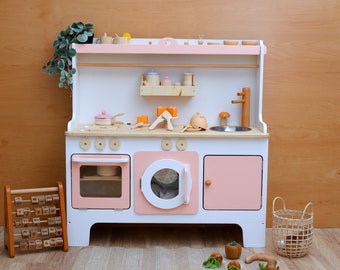 Handcrafed Wooden Play Kitchen | White and Pink | Customizable | Play Area Pretend Play Toys