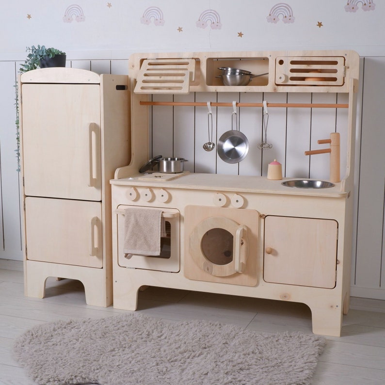 Handcrafed Wooden Play Kitchen With Hood and Microwave Customizable Play Area Pretend Play Toys image 10