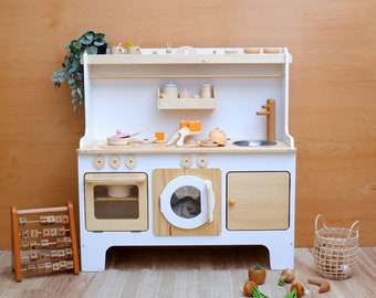 Handcrafed Wooden Play Kitchen | White and Natural | Customizable | Play Area Pretend Play Toys