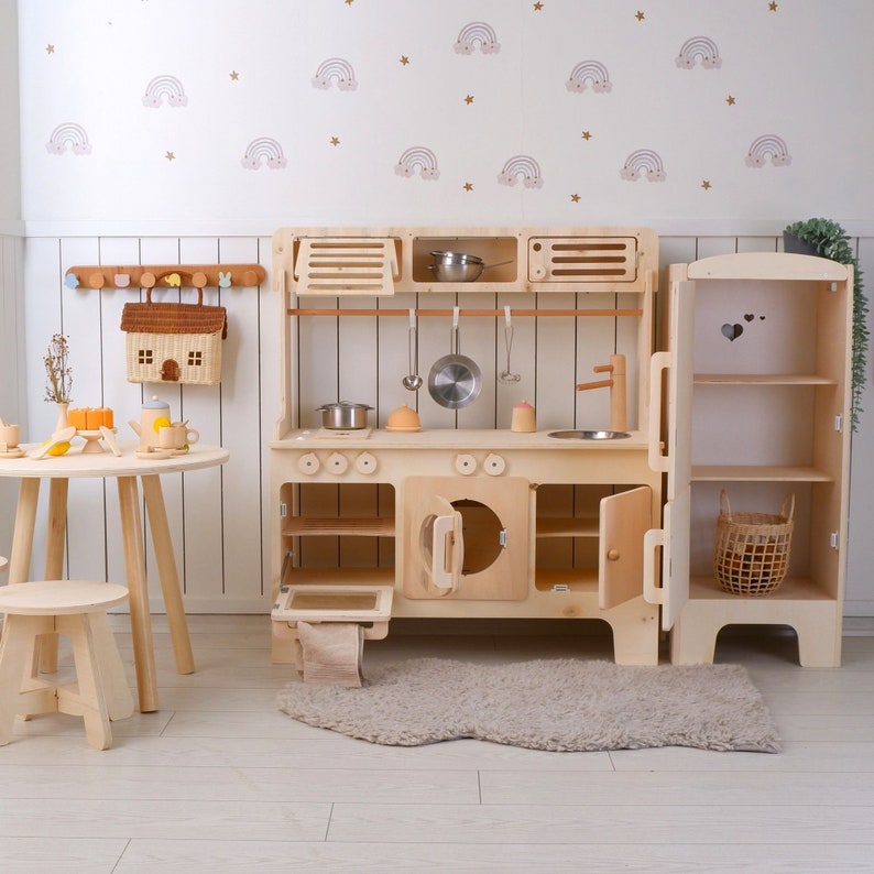 Handcrafed Wooden Play Kitchen With Hood and Microwave Customizable Play Area Pretend Play Toys image 3