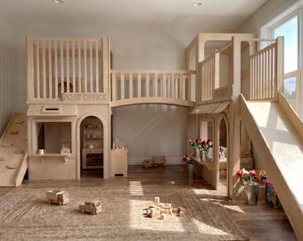 Indoor Wooden Playhouse Set | Modular Play Town with Slide & Rope Bridge
