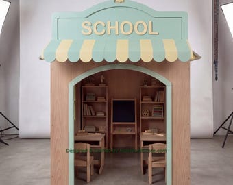 木製スクールプレイハウス + 子供用家具 | 25以上のテーマからお選びいただけます | オールインクルーシブのターンキープロジェクト