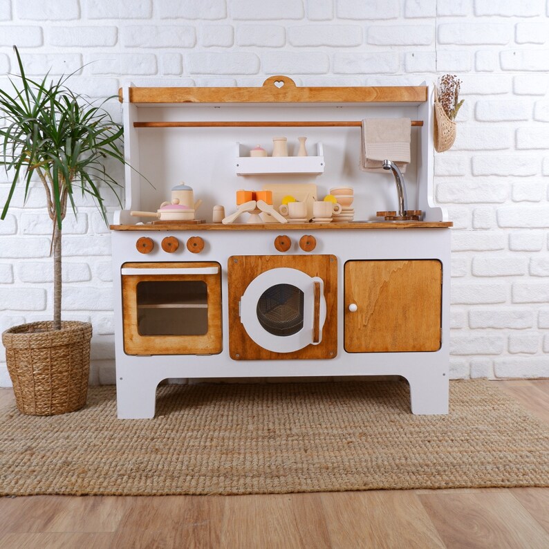 Handcrafed Wooden Play Kitchen White and Natural Customizable Play Area Pretend Play Toys image 8