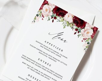 Rustic Burgundy Blush Floral Greenery Wedding Menu Template, Burgundy Menu Template, blush editable Menu Card, Printable Wedding Menu card