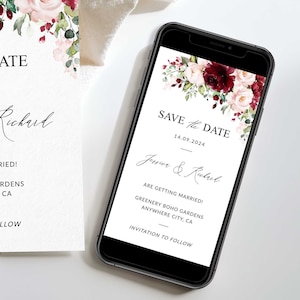 Rustic Burgundy Blush Wedding Electronic Save the date, Burgundy Wedding Evite, Marsala Blush Smartphone Invitation, Printable Blush Invites