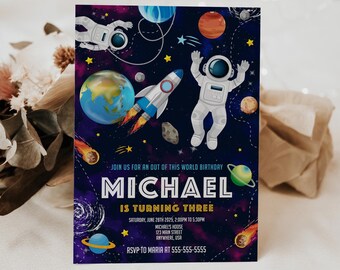 Outer Space Birthday Invitation Template, Printable Galaxy Blast Off Invitation, Planets Rocket Ship Invite, Editable Space Birthday Invite