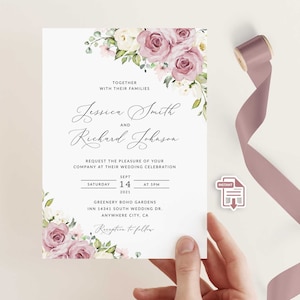 Dusty Rose Wedding Invitation Template, Dusty rose and ivory wedding invitation template, Boho Dusty Rose wedding invitation download