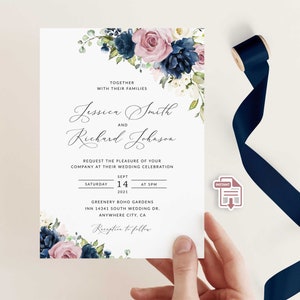Rose Gold Navy Blue Dusty Pink Floral Wedding Invitation, Dusty Pink and Navy Blue Invitation template, Dusty Rose and Navy wedding Invite