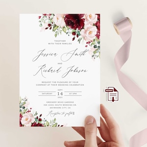 Rustic Burgundy Blush Floral Greenery Wedding Invitation Template, Burgundy Wedding Invitation Template, blush wedding invitation, printable