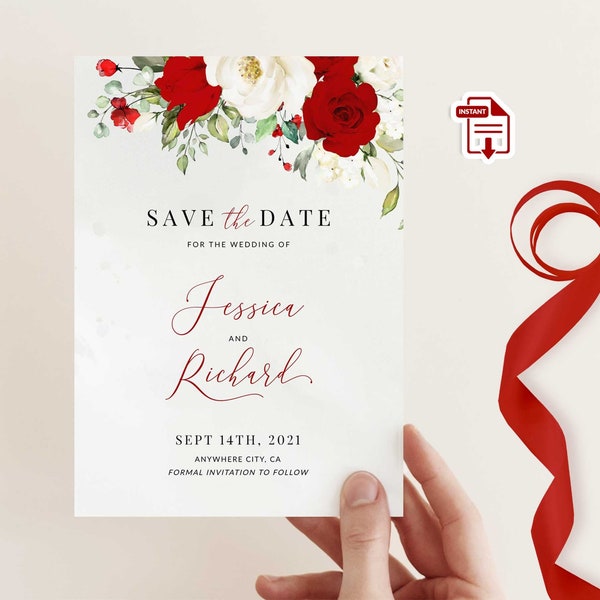 ROSIE - Red floral Save The Date, Red and white roses save the date, Flowers and greenery, Red Roses, Editable Template, INSTANT DOWNLOAD