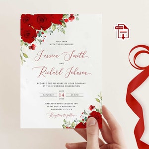 Red Roses Wedding Invitation, Red floral wedding invitation, Red wedding invite, Red flowers and greenery invite, Instant download