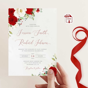 ROSIE - Red and White Roses Einladung, Rote Rosen Hochzeitseinladung, Rote Hochzeitseinladung, Rote Blumen und Grüne Einladung, Sofortiger Download