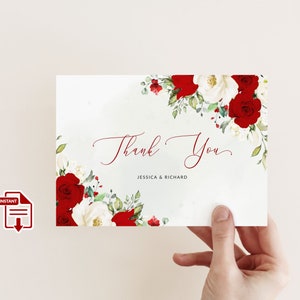 ROSIE - Dankeskarten, Druckbare Dankeskarte, Hochzeit Dankeskarten, rote und weiße Rosen Dankeskarten, druckbare Dankeskarte